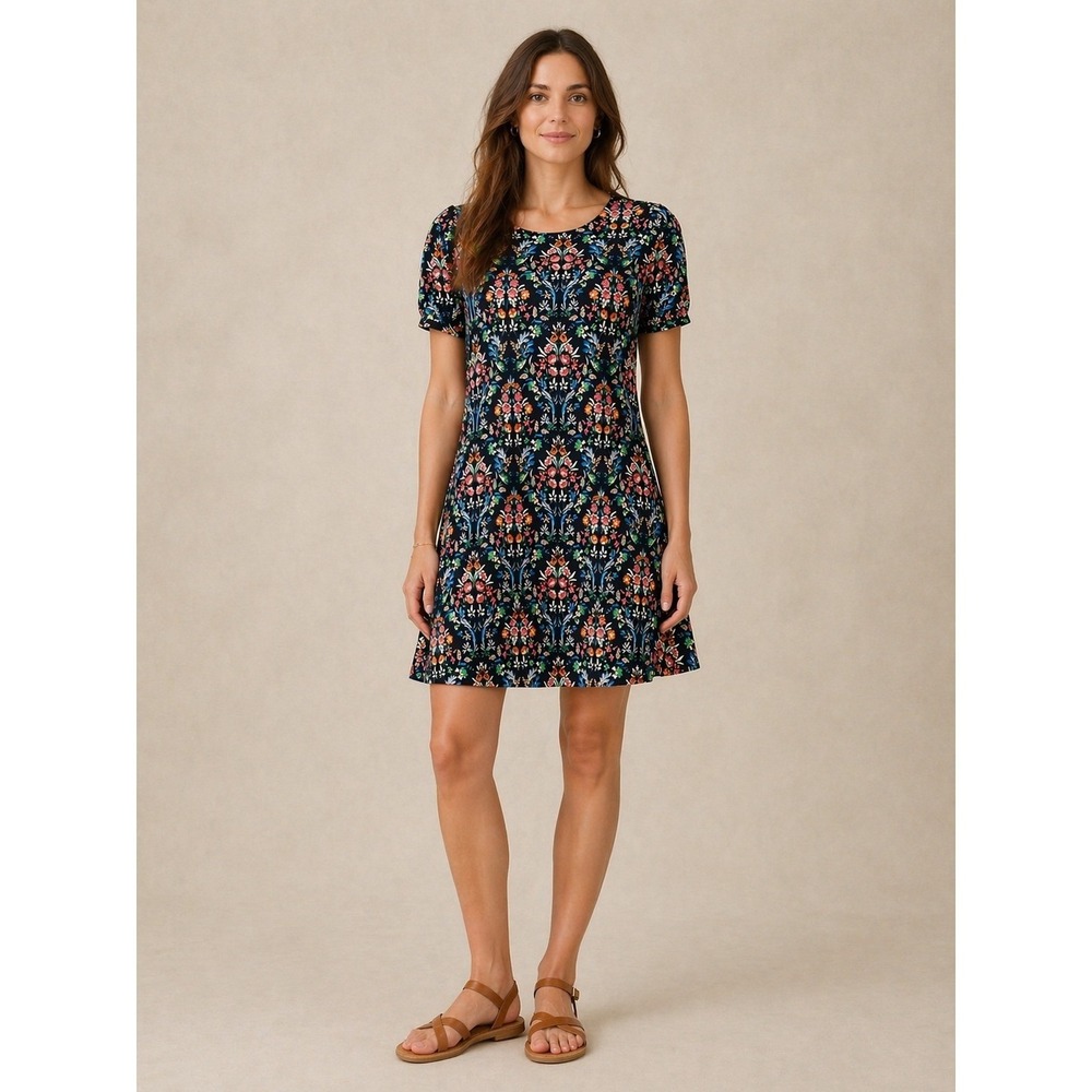 LOFT Womens XS Floral Damask Fit Flare T-Shirt Dress Black Cottagecore Mini Boho